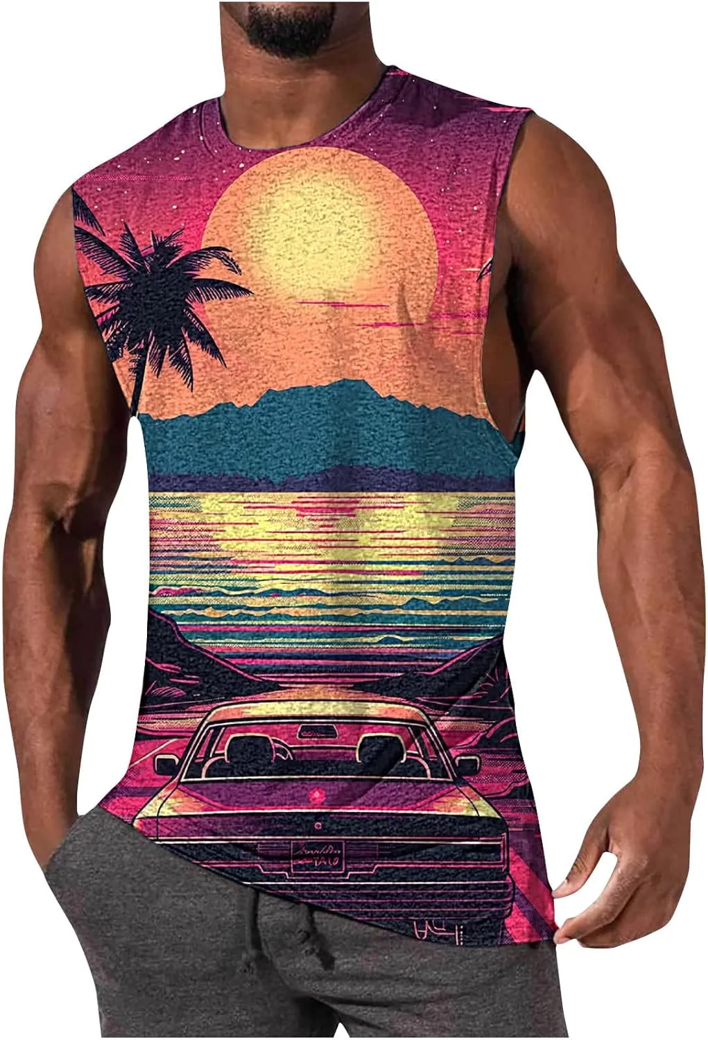 Mens 3D Tank Tops Summer Loose Fit Graphic Sleeveless T-Shirt Tropical Beach Vintage Shirts Casual Workout Muscle Tee
