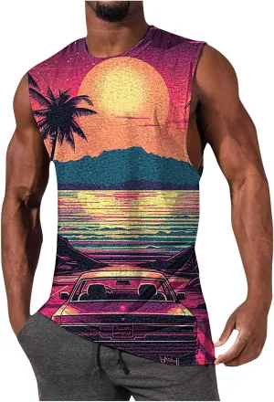 Mens 3D Tank Tops Summer Loose Fit Graphic Sleeveless T-Shirt Tropical Beach Vintage Shirts Casual Workout Muscle Tee