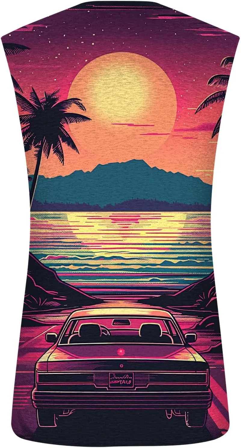 Mens 3D Tank Tops Summer Loose Fit Graphic Sleeveless T-Shirt Tropical Beach Vintage Shirts Casual Workout Muscle Tee