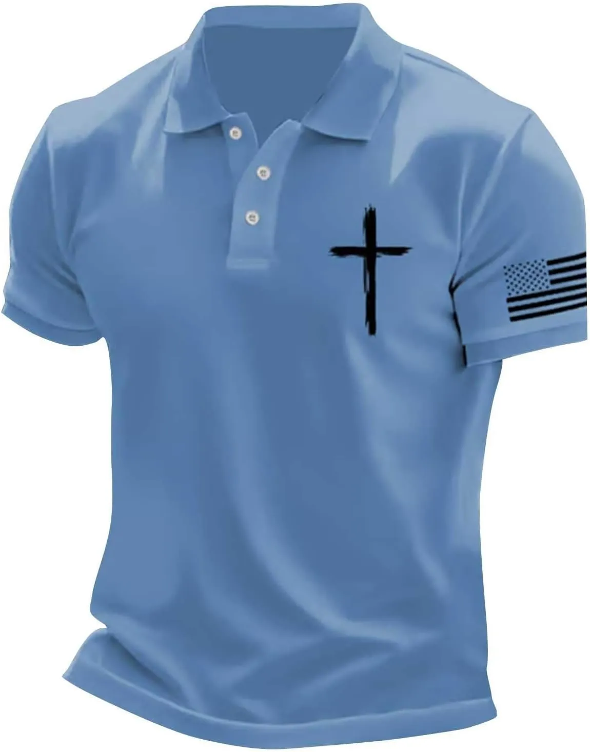 Mens 4th of July Patriotic Polo Shirts Button Lapel American Flag Golf Shirts Cross Nail Embroidered Basic Tees Tops