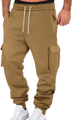 Mens Baggy Cargo Sweatpants, Drawstring Waist, Fleece Lined Joggers with Pockets, for Soft Athletic and Track
