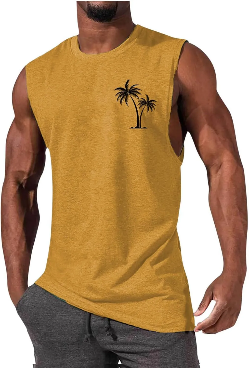 Mens Beach Tank Tops Summer Palm Tree Print Sleeveless Undershirts Hawaiian Vacation Tee Tops Muscle Fit Basic Tees