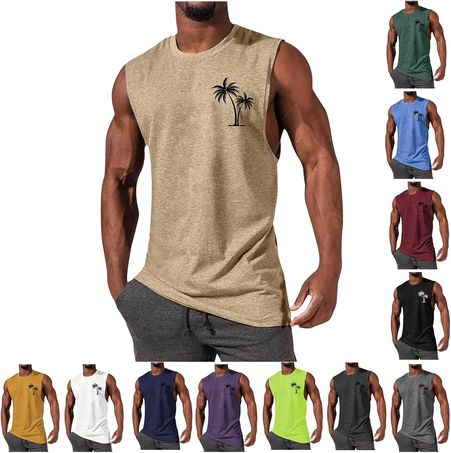 Mens Beach Tank Tops Summer Palm Tree Print Sleeveless Undershirts Hawaiian Vacation Tee Tops Muscle Fit Basic Tees