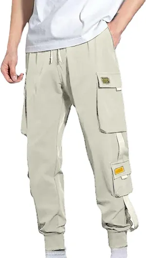 Mens Cargo Pants Plus Size Drawstring Elastic Waist Fall Work Pants Casual Solid Tapered Trousers with Multi Pocket