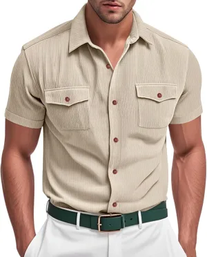 Mens Casual Corduroy Dress Shirts Summer Lapel Button Cargo Shirts Classic Solid Color Work Tops Fashion Polo Tee