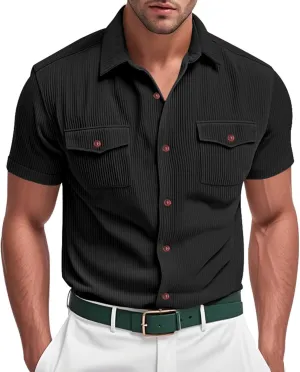 Mens Casual Corduroy Dress Shirts Summer Lapel Button Cargo Shirts Classic Solid Color Work Tops Fashion Polo Tee