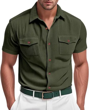 Mens Casual Corduroy Dress Shirts Summer Lapel Button Cargo Shirts Classic Solid Color Work Tops Fashion Polo Tee