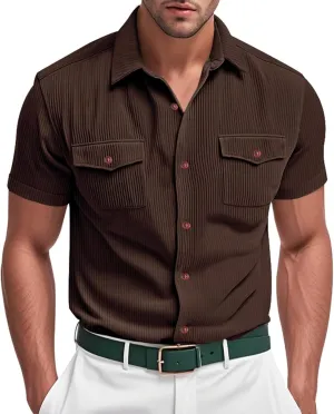 Mens Casual Corduroy Dress Shirts Summer Lapel Button Cargo Shirts Classic Solid Color Work Tops Fashion Polo Tee