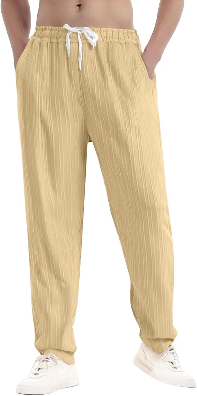 Men's Casual Cotton Linen Pants 2025 Trendy Summer Beach Lightweight Drawstring Yoga Trousers with Pockets