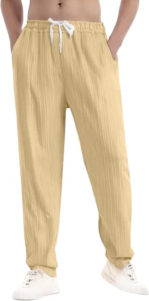 Men's Casual Cotton Linen Pants 2025 Trendy Summer Beach Lightweight Drawstring Yoga Trousers with Pockets