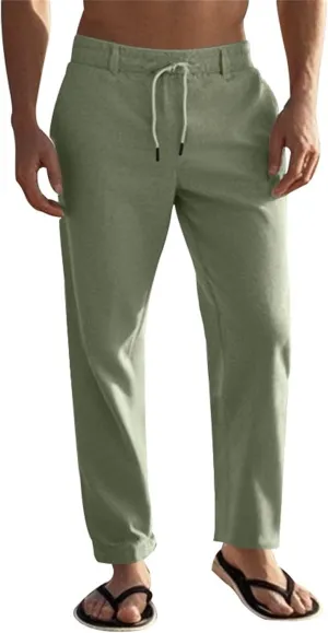 Mens Casual Linen Pants Lightweight Elastic Waist Vacation Yoga Pant Straight-Legs Beach Slacks Drawstring Trouser