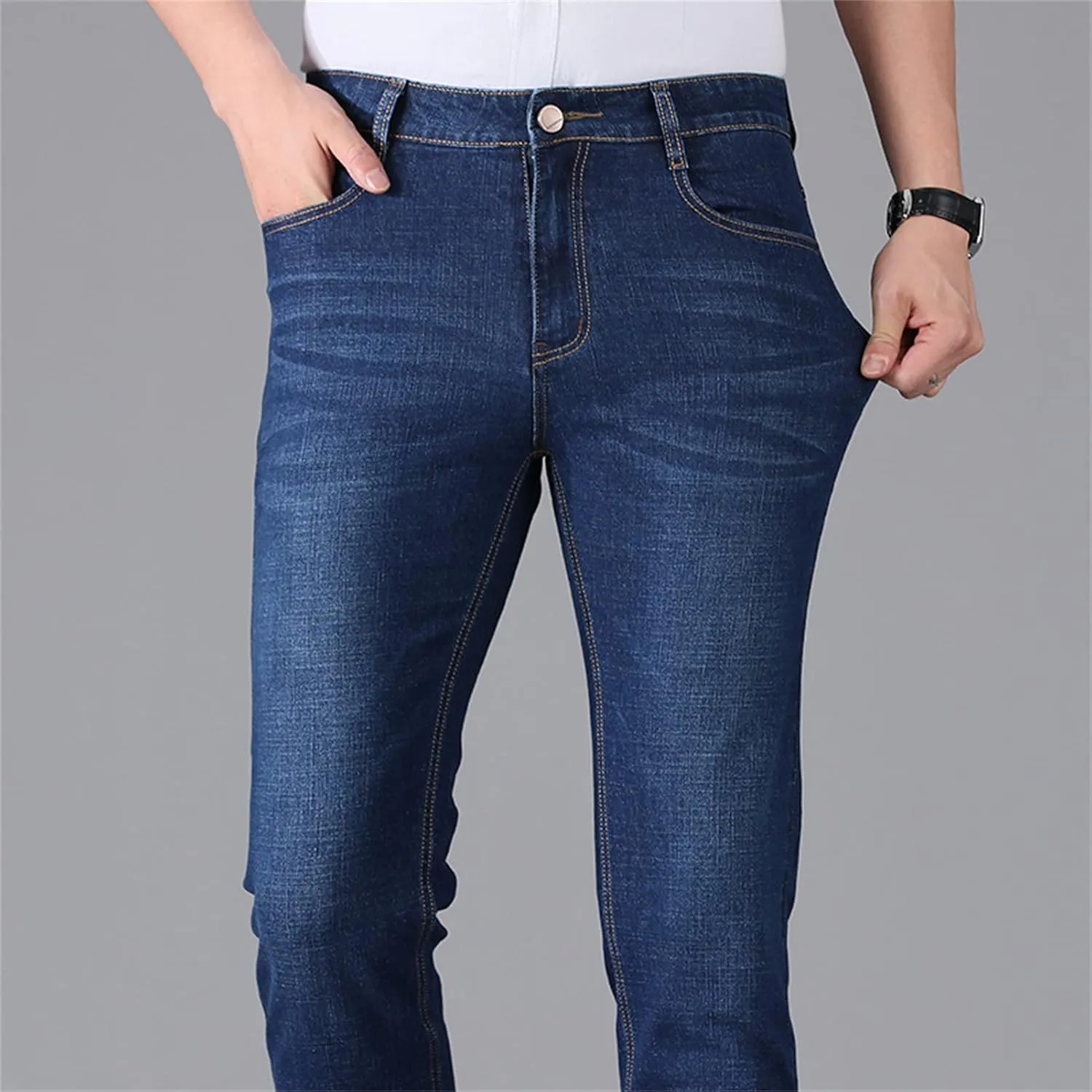 Men's Classic Vintage 5 Pocket Jeans Stretch Slim Fit Straight Leg Denim Pants Casual Relaxed Fit Jean Trousers