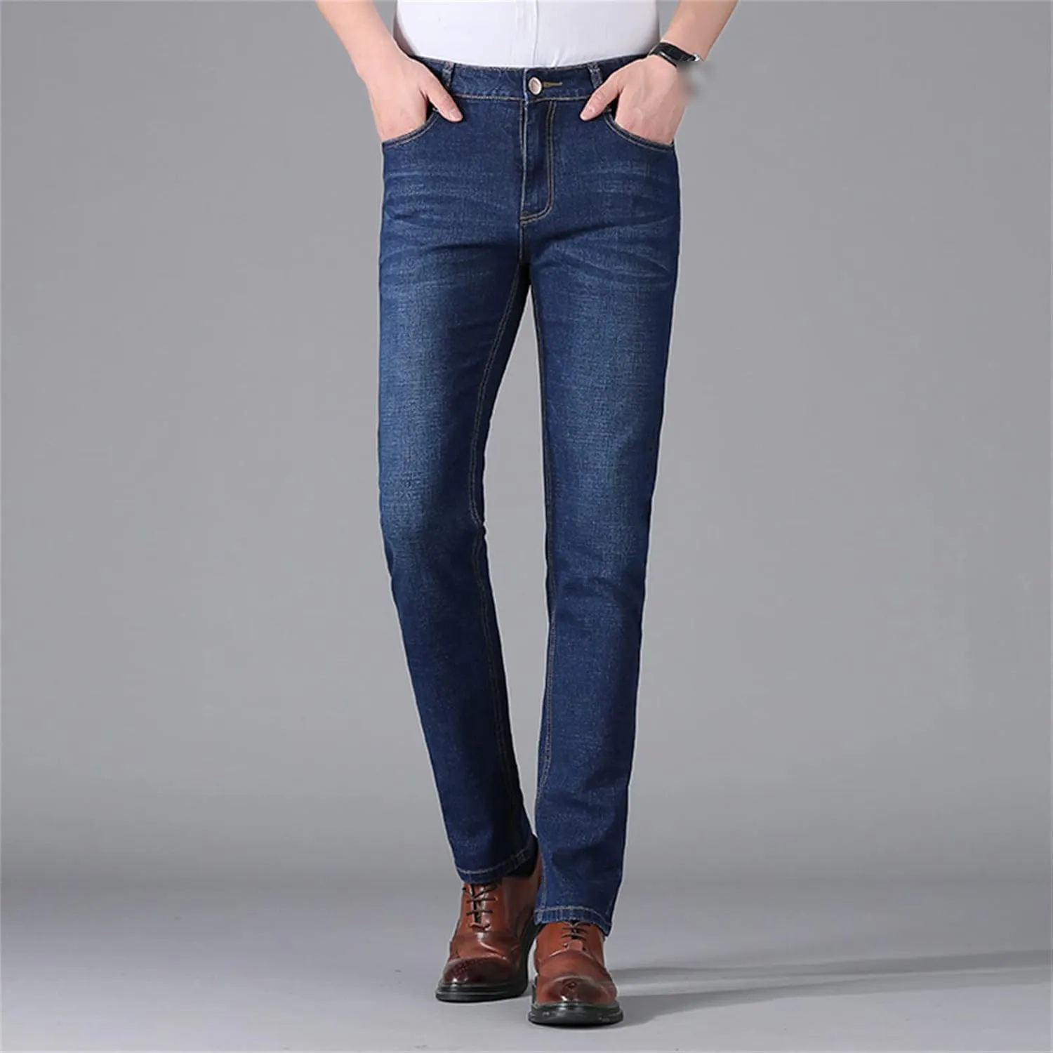 Men's Classic Vintage 5 Pocket Jeans Stretch Slim Fit Straight Leg Denim Pants Casual Relaxed Fit Jean Trousers