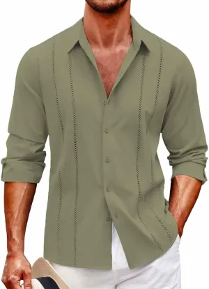 Mens Cuban Guayabera Shirt Casual Long Sleeve Button Down Shirts Solid Lightweight Summer Beach Hippie T Shirt