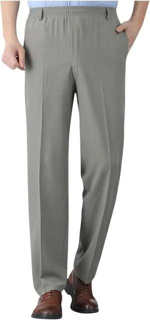Mens Dress Pants Straight Leg Suit Pants Classic Flat Front Work Pants Casual Business Non-lron Pants Elastic Waist