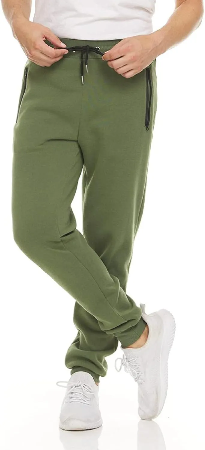 Mens Fleece Casual Sweatpants with Zipper Pockets Plus Size Solid Slim Fit Baggy Joggers Outdoor Atheltic Jogging Trousers