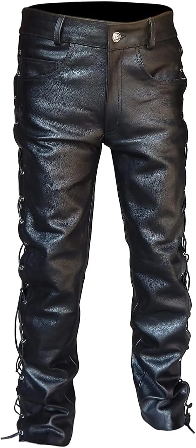 Mens Leather Casual Pants Relaxed Fit Stretch Waist Pu Leather Cargo Pants Plus Size Lightweight Comfy Motorcycle Pants