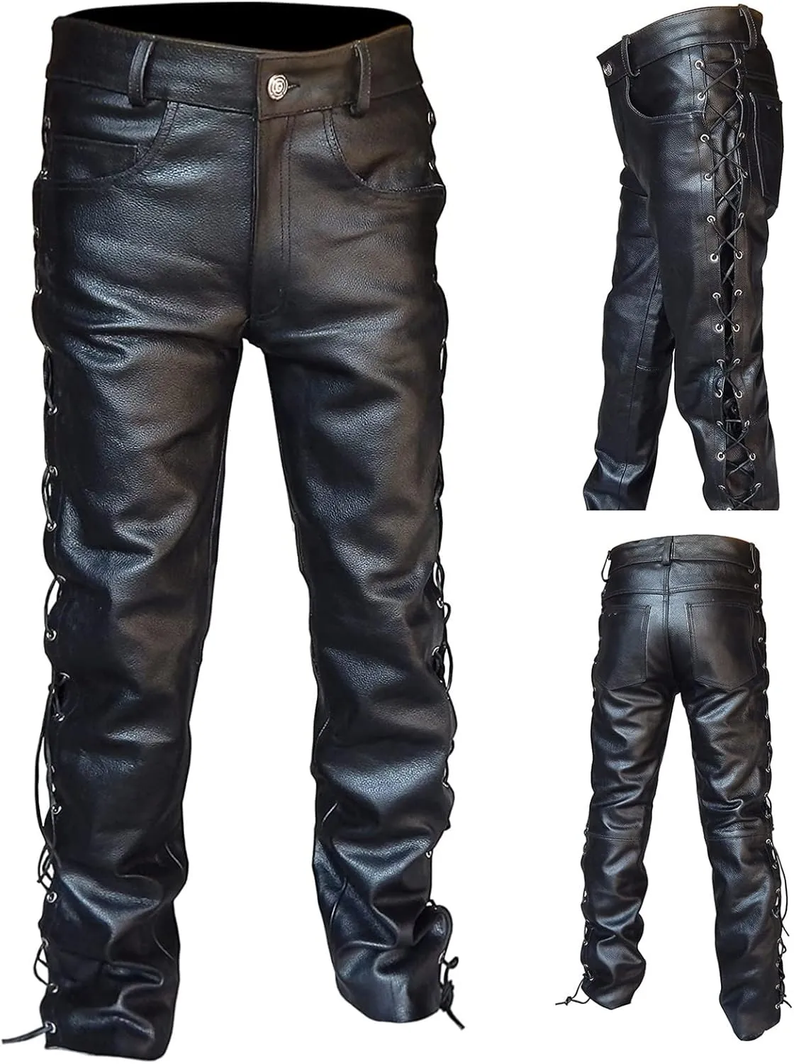 Mens Leather Casual Pants Relaxed Fit Stretch Waist Pu Leather Cargo Pants Plus Size Lightweight Comfy Motorcycle Pants