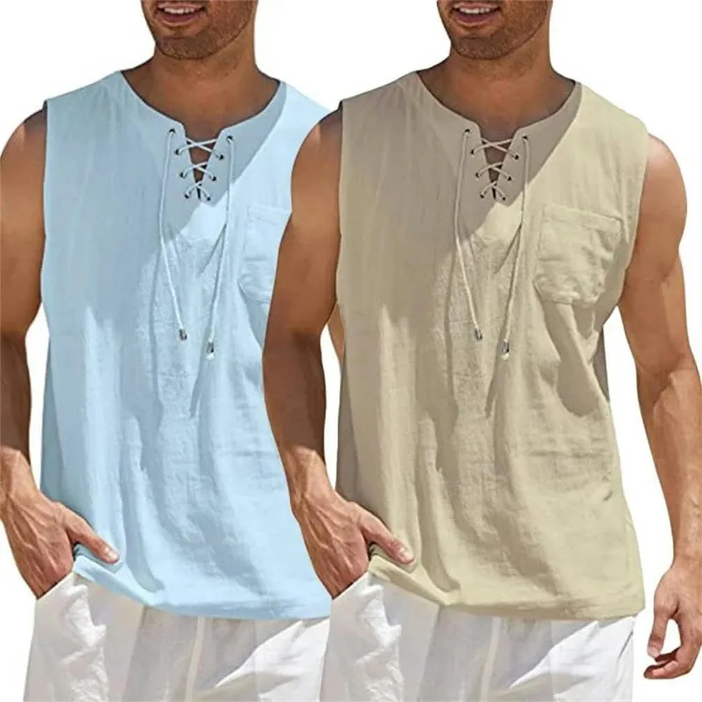 Men's Linen Tank Tops Summer Sleeveless T-shirt Solid Color Loose Cotton Linen Shirt Casual Cotton Linen Vest