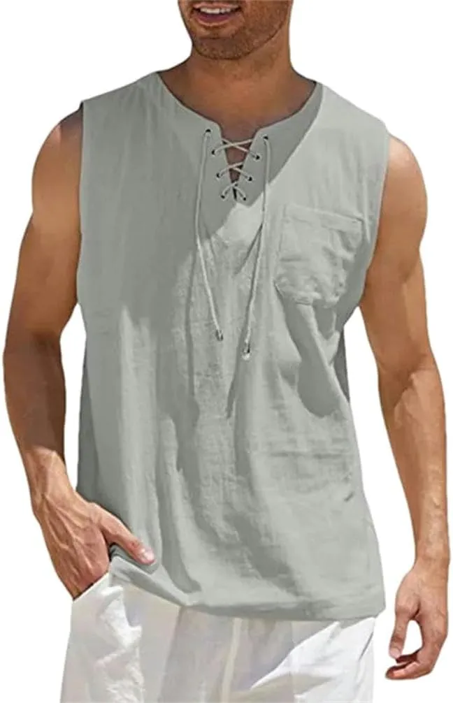 Men's Linen Tank Tops Summer Sleeveless T-shirt Solid Color Loose Cotton Linen Shirt Casual Cotton Linen Vest