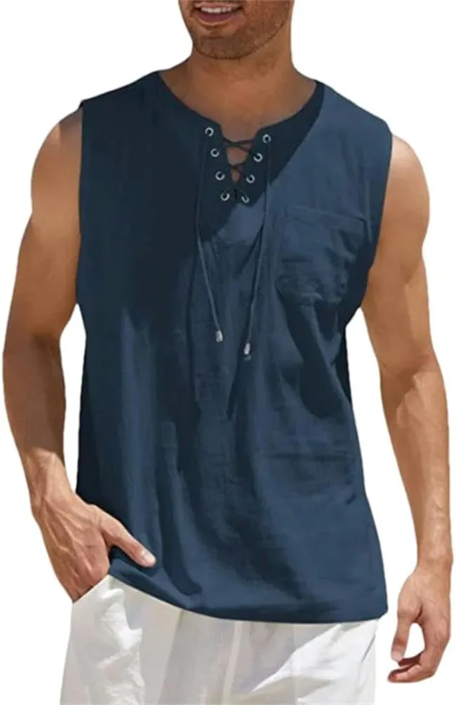 Men's Linen Tank Tops Summer Sleeveless T-shirt Solid Color Loose Cotton Linen Shirt Casual Cotton Linen Vest