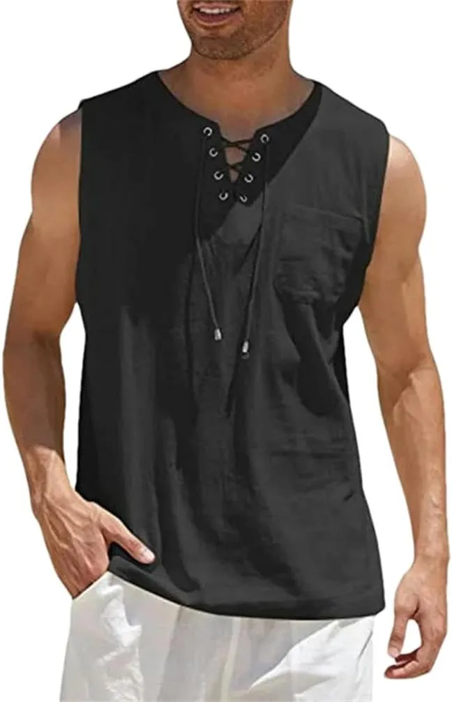 Men's Linen Tank Tops Summer Sleeveless T-shirt Solid Color Loose Cotton Linen Shirt Casual Cotton Linen Vest