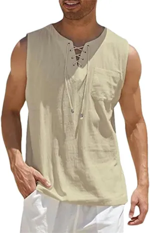 Men's Linen Tank Tops Summer Sleeveless T-shirt Solid Color Loose Cotton Linen Shirt Casual Cotton Linen Vest