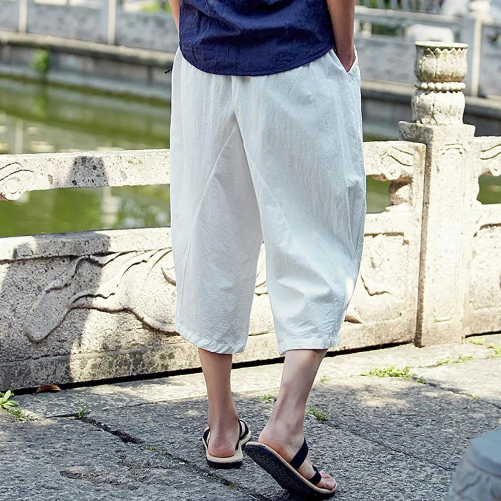 Men's Pants Relaxed Fit Wide Leg Baggy Pants Mens Summer Cotton Linen Capri Trousers Comfy Plus Size Casual Gym Pants