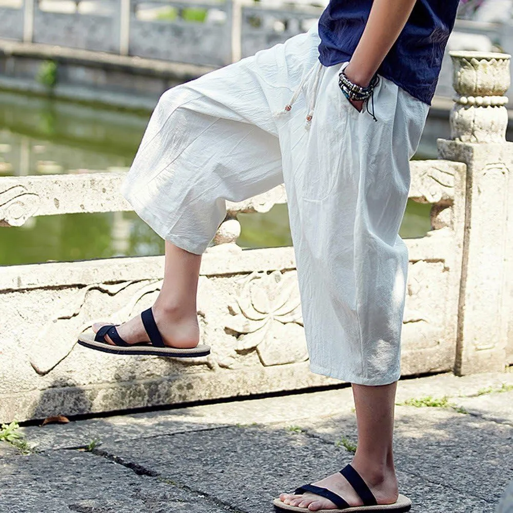 Men's Pants Relaxed Fit Wide Leg Baggy Pants Mens Summer Cotton Linen Capri Trousers Comfy Plus Size Casual Gym Pants