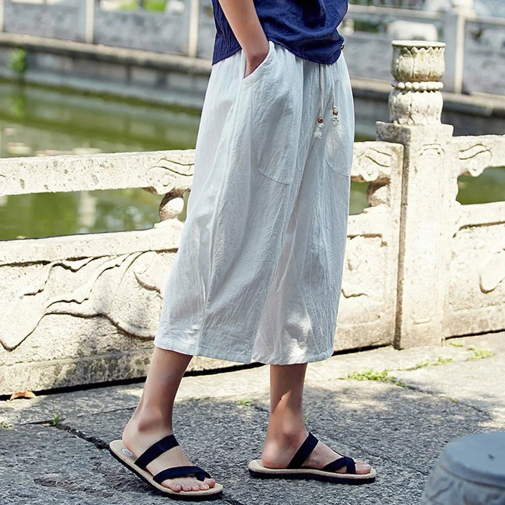 Men's Pants Relaxed Fit Wide Leg Baggy Pants Mens Summer Cotton Linen Capri Trousers Comfy Plus Size Casual Gym Pants