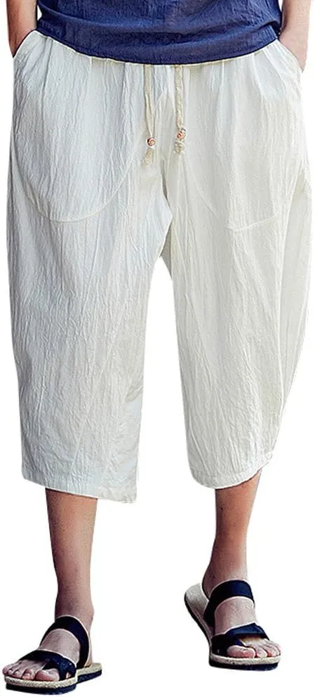 Men's Pants Relaxed Fit Wide Leg Baggy Pants Mens Summer Cotton Linen Capri Trousers Comfy Plus Size Casual Gym Pants