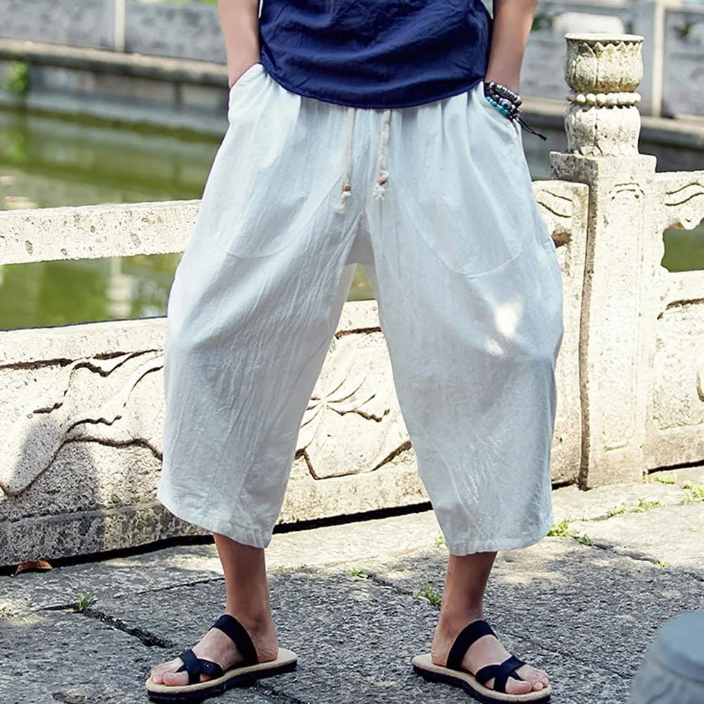 Men's Pants Relaxed Fit Wide Leg Baggy Pants Mens Summer Cotton Linen Capri Trousers Comfy Plus Size Casual Gym Pants