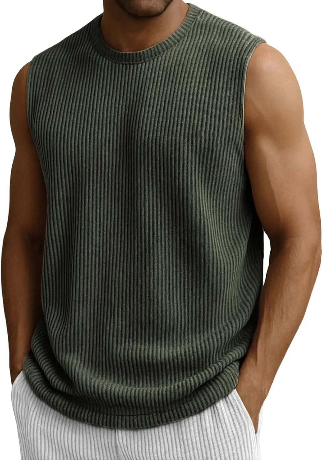Mens Ribbed Knit Tank Tops Crew Neck Sleeveless Muscle Shirts Gym Workout Basic Tees Moisture Wicking Athletic Tops