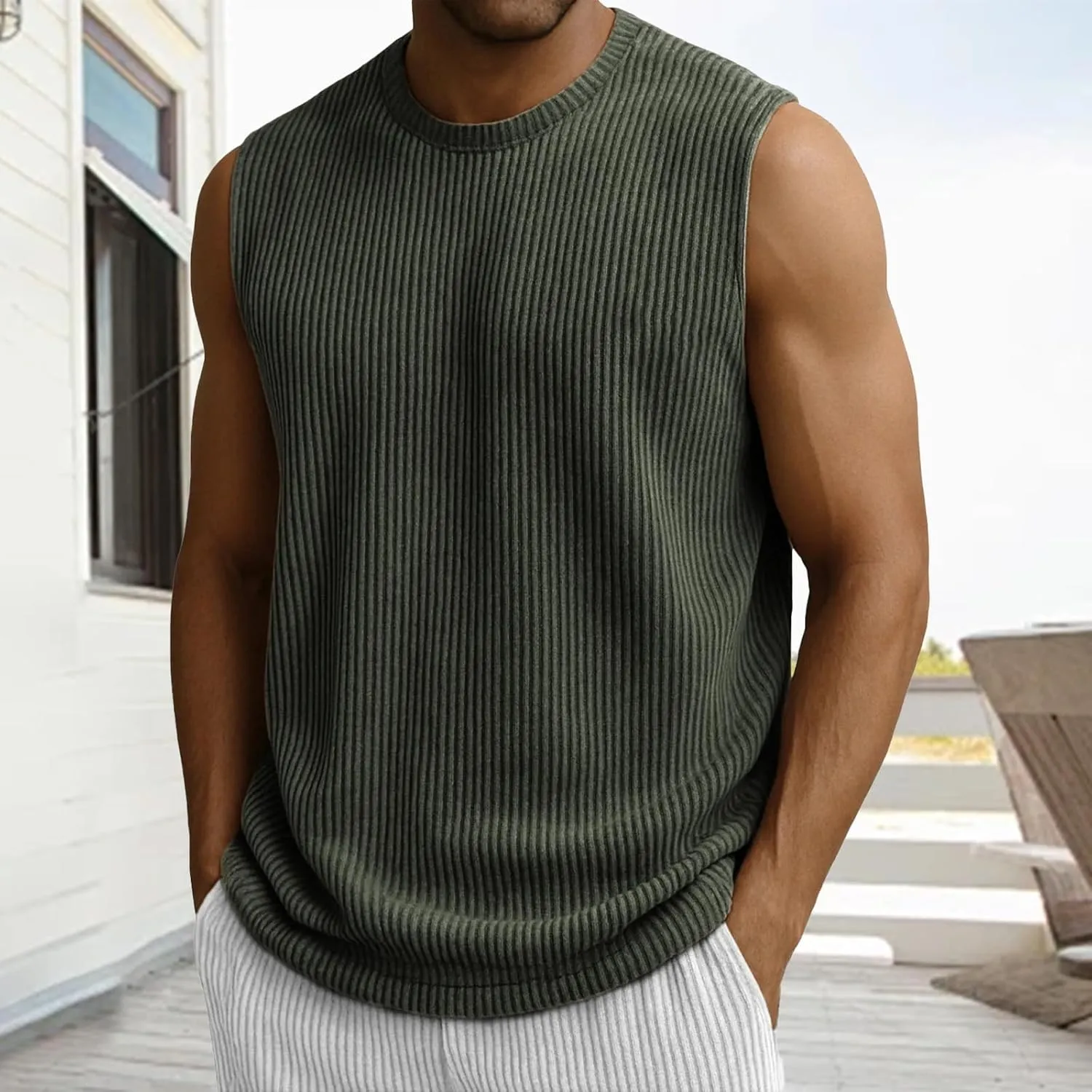 Mens Ribbed Knit Tank Tops Crew Neck Sleeveless Muscle Shirts Gym Workout Basic Tees Moisture Wicking Athletic Tops
