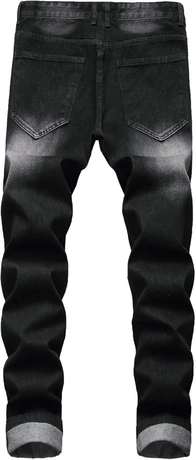 Men's Ripped Straight Leg Moto Jeans Hip Hop Washed Jean Trousers Denim Distressed Slim Fit Denim Pants