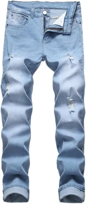 Men's Ripped Straight Leg Moto Jeans Hip Hop Washed Jean Trousers Denim Distressed Slim Fit Denim Pants