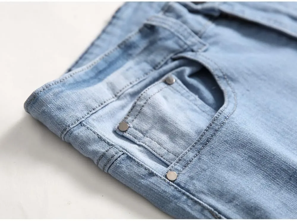 Men's Ripped Straight Leg Moto Jeans Hip Hop Washed Jean Trousers Denim Distressed Slim Fit Denim Pants