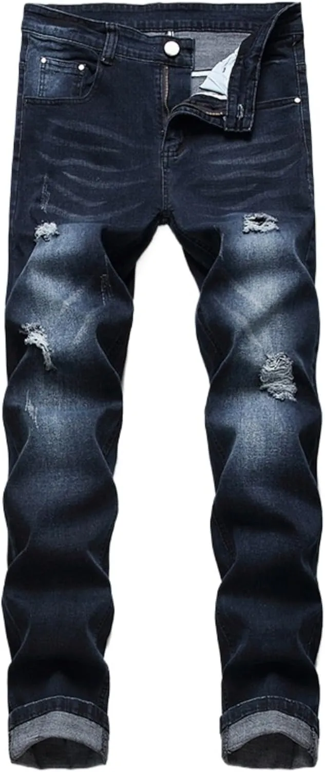 Men's Ripped Straight Leg Moto Jeans Hip Hop Washed Jean Trousers Denim Distressed Slim Fit Denim Pants