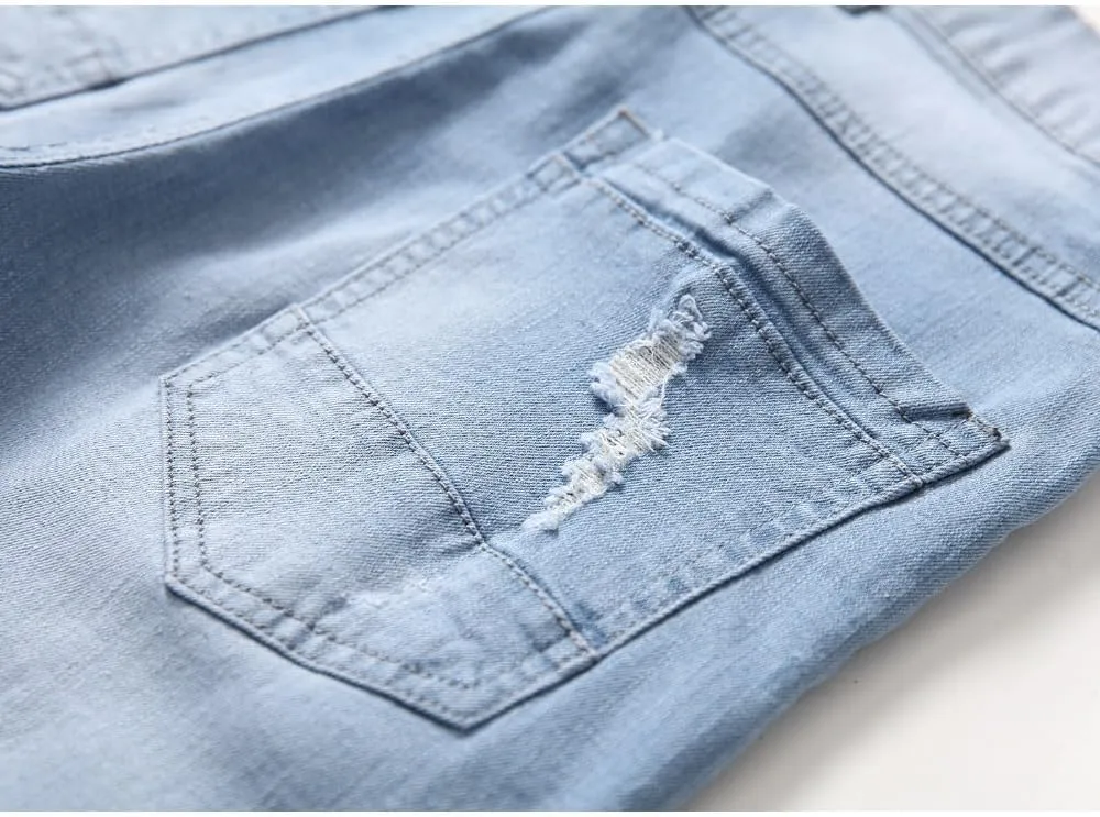 Men's Ripped Straight Leg Moto Jeans Hip Hop Washed Jean Trousers Denim Distressed Slim Fit Denim Pants