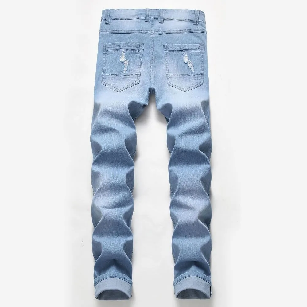 Men's Ripped Straight Leg Moto Jeans Hip Hop Washed Jean Trousers Denim Distressed Slim Fit Denim Pants