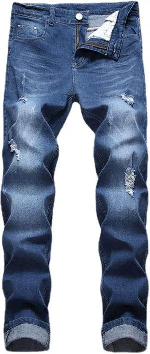 Men's Ripped Straight Leg Moto Jeans Hip Hop Washed Jean Trousers Denim Distressed Slim Fit Denim Pants
