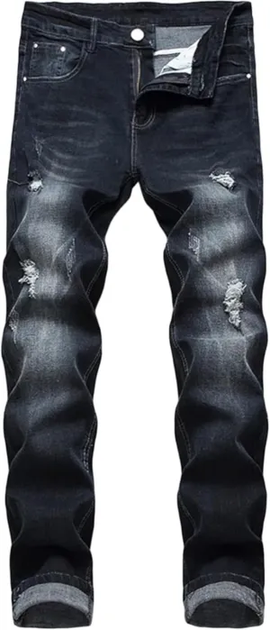 Men's Ripped Straight Leg Moto Jeans Hip Hop Washed Jean Trousers Denim Distressed Slim Fit Denim Pants