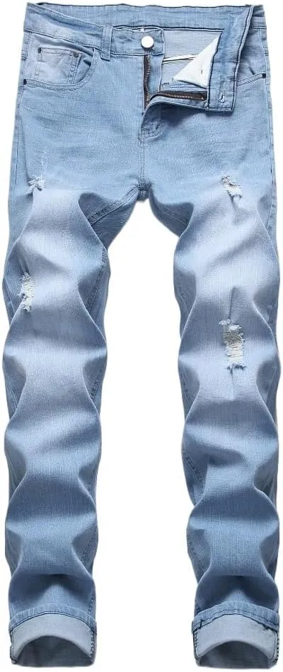 Men's Ripped Straight Leg Moto Jeans Hip Hop Washed Jean Trousers Denim Distressed Slim Fit Denim Pants