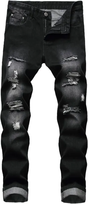 Men's Ripped Straight Leg Moto Jeans Hip Hop Washed Jean Trousers Denim Distressed Slim Fit Denim Pants