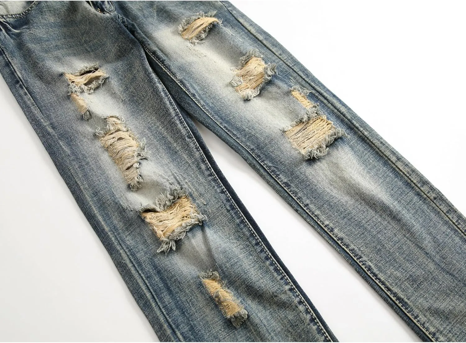 Men's Ripped Straight Leg Moto Jeans Hip Hop Washed Jean Trousers Denim Distressed Slim Fit Denim Pants