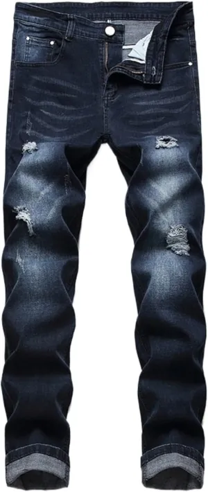 Men's Ripped Straight Leg Moto Jeans Hip Hop Washed Jean Trousers Denim Distressed Slim Fit Denim Pants