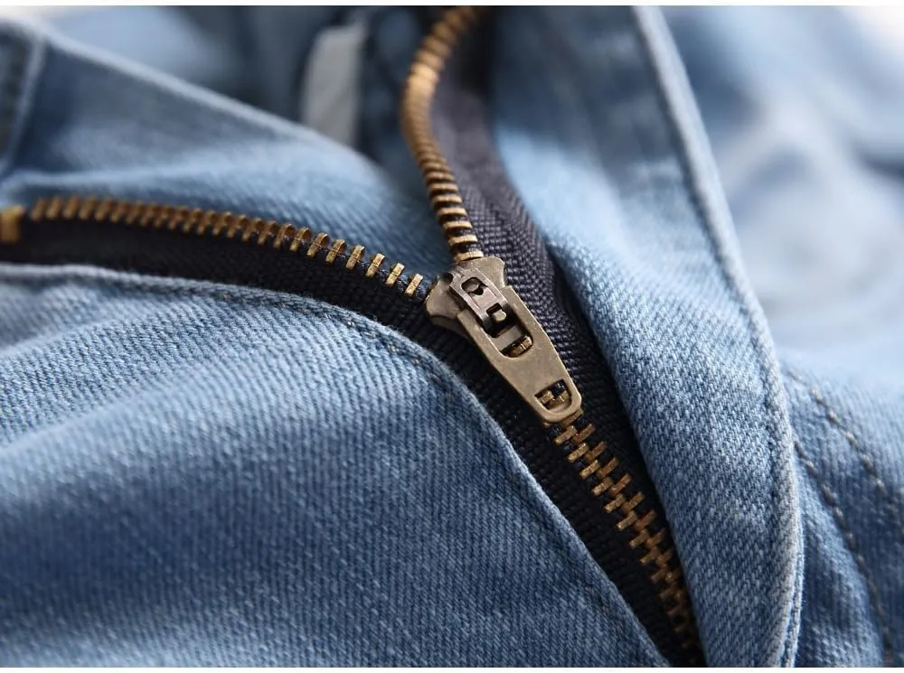 Men's Ripped Straight Leg Moto Jeans Hip Hop Washed Jean Trousers Denim Distressed Slim Fit Denim Pants