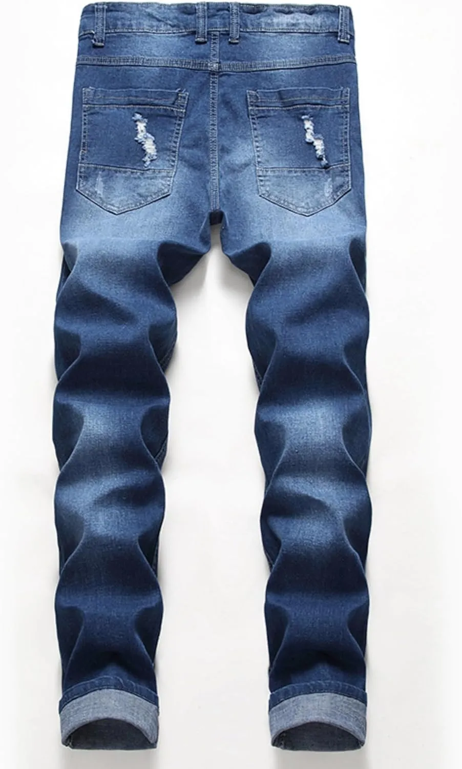 Men's Ripped Straight Leg Moto Jeans Hip Hop Washed Jean Trousers Denim Distressed Slim Fit Denim Pants