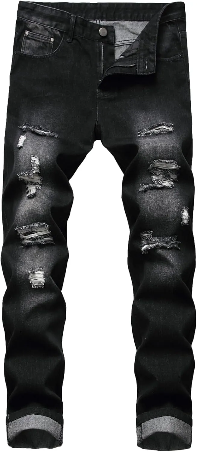 Men's Ripped Straight Leg Moto Jeans Hip Hop Washed Jean Trousers Denim Distressed Slim Fit Denim Pants