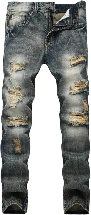 Men's Ripped Straight Leg Moto Jeans Hip Hop Washed Jean Trousers Denim Distressed Slim Fit Denim Pants